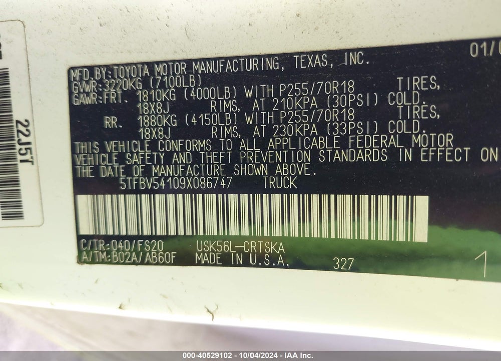 2009 TOYOTA TUNDRA GRADE 5.7L V8 VIN: 5TFBV54109X086747