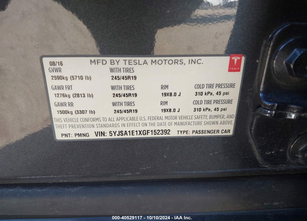 2016 TESLA MODEL S 60/70/75/85 VIN: 5YJSA1E1XGF152392