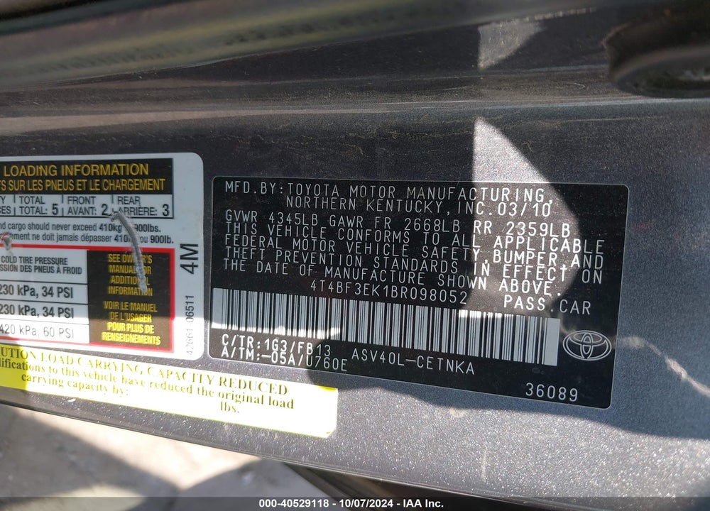 2011 TOYOTA CAMRY LE VIN: 4T4BF3EK1BR098052
