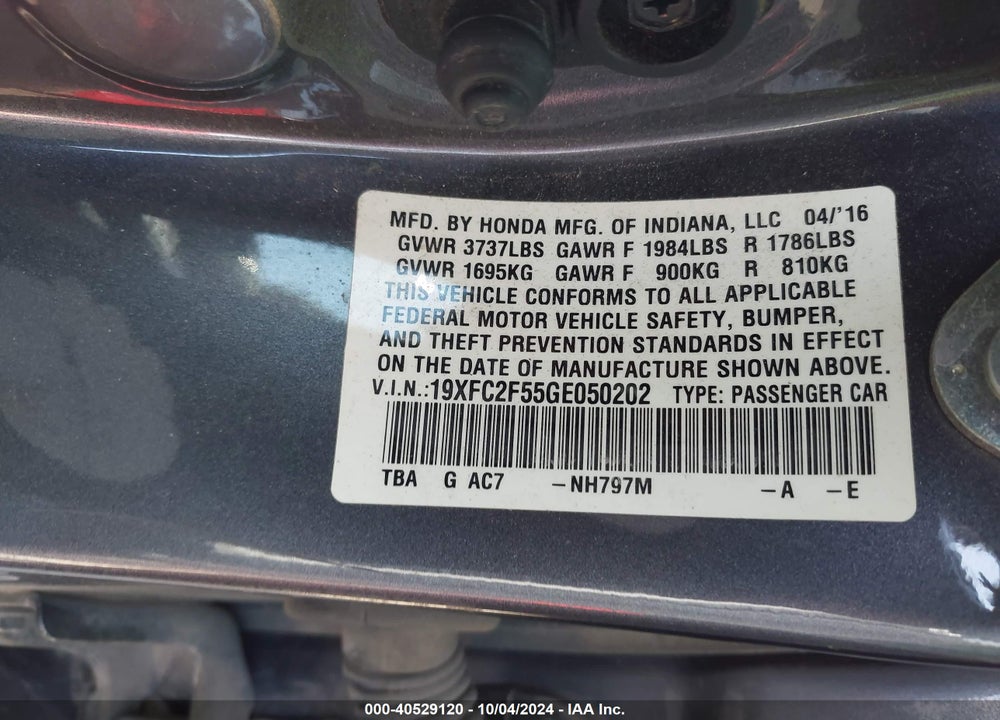 2016 HONDA CIVIC LX VIN: 19XFC2F55GE050202