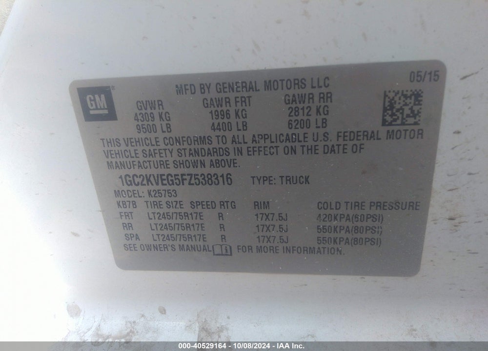 2015 CHEVROLET SILVERADO 2500HD LT VIN: 1GC2KVEG5FZ538316