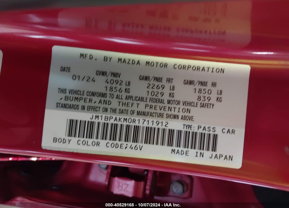 2024 MAZDA 3 2.5 S SELECT SPORT VIN: JM1BPAKM0R1711912