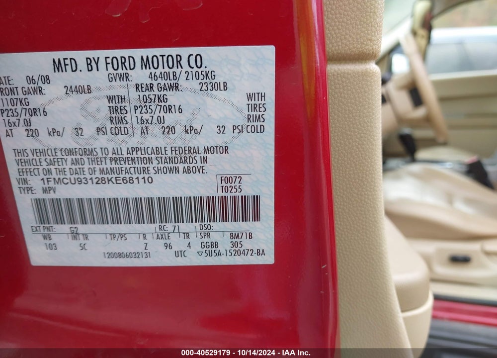 2008 FORD ESCAPE XLT VIN: 1FMCU93128KE68110