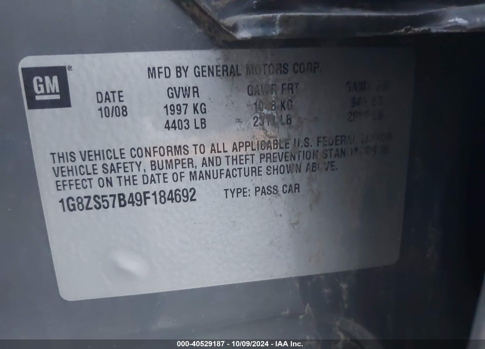 2009 SATURN AURA XE VIN: 1G8ZS57B49F184692