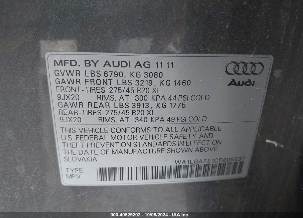 2012 AUDI Q7 3.0T PREMIUM VIN: WA1LGAFE1CD005037
