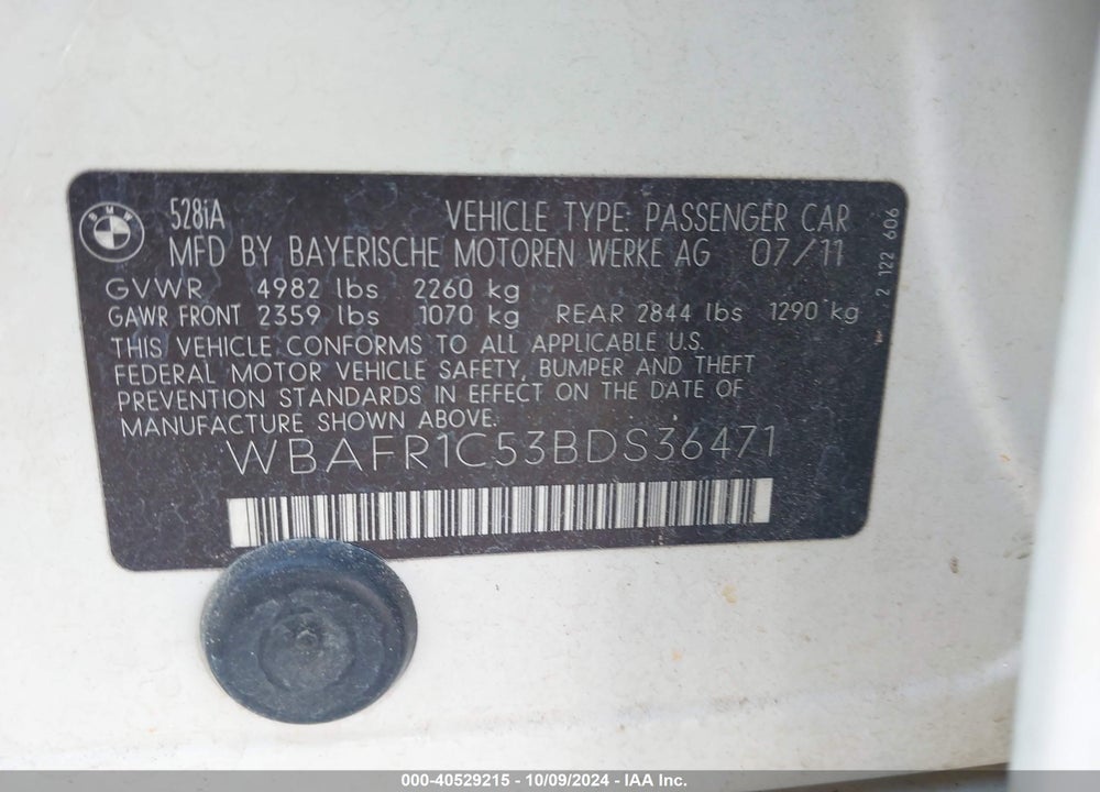 2011 BMW 528I VIN: WBAFR1C53BDS36471