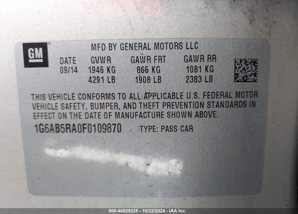 2015 CADILLAC ATS LUXURY VIN: 1G6AB5RA0F0109870