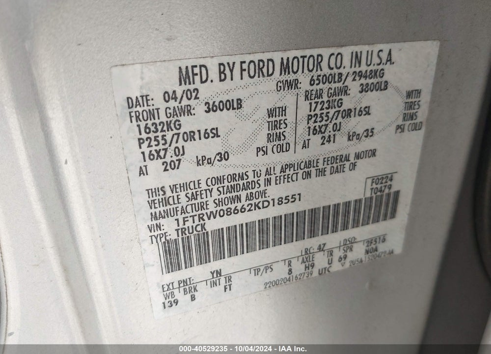 2002 FORD F-150 LARIAT/XLT VIN: 1FTRW08662KD18551