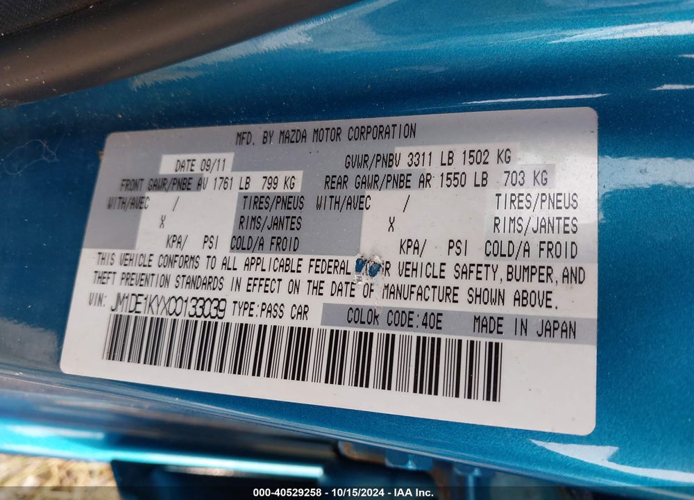 2012 MAZDA 2 SPORT VIN: JM1DE1KYXC0133039