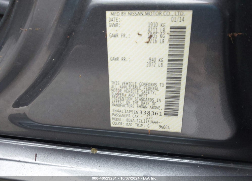 2014 NISSAN ALTIMA 2.5/2.5 S/2.5 SL/2.5 SV VIN: 1N4AL3AP9EN338361
