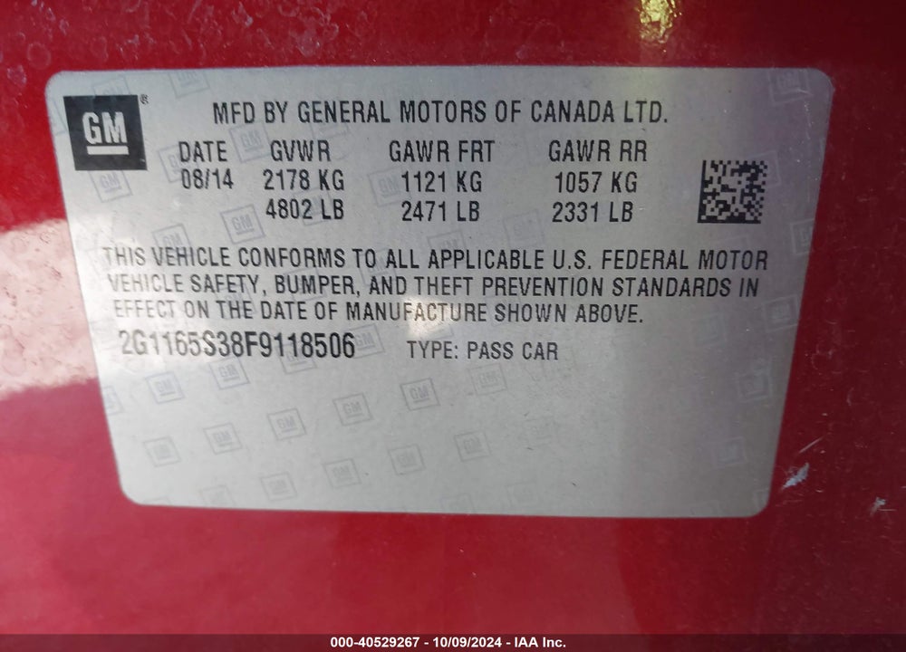 2015 CHEVROLET IMPALA 2LZ VIN: 2G1165S38F9118506
