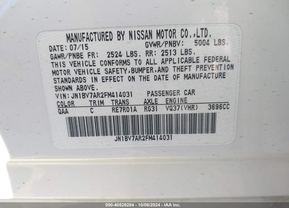 2015 INFINITI Q50 PREMIUM VIN: JN1BV7AR2FM414031