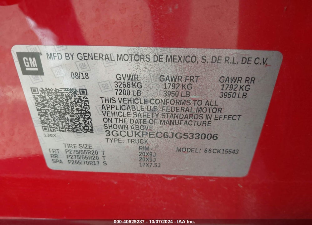 2018 CHEVROLET SILVERADO 1500 CUSTOM VIN: 3GCUKPEC6JG533006