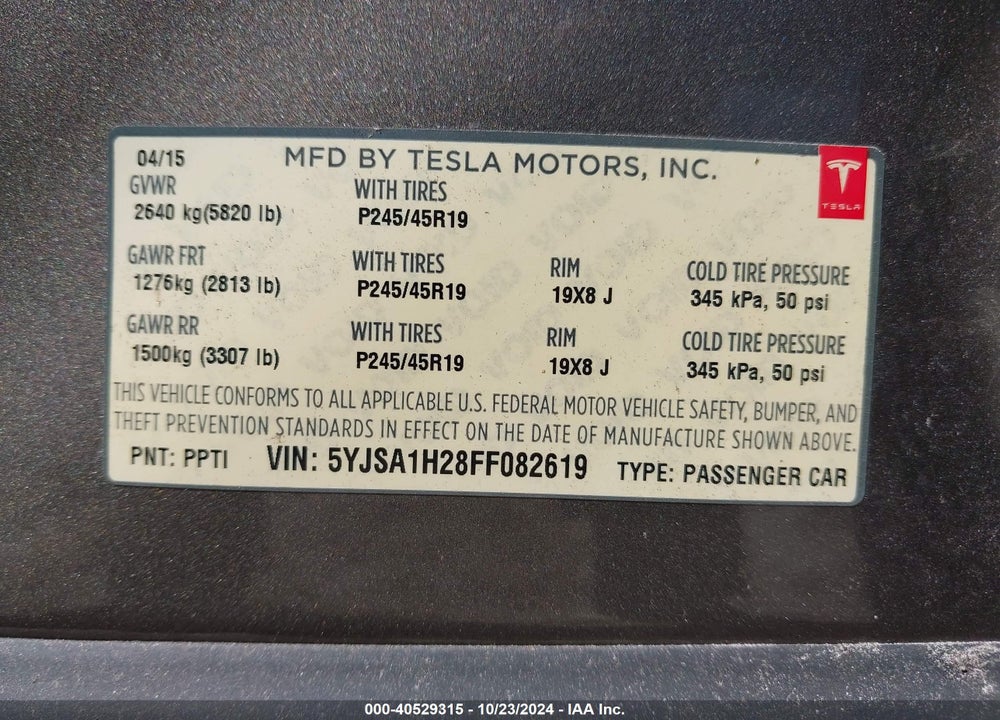 2015 TESLA MODEL S 70D/85D/P85D VIN: 5YJSA1H28FF082619