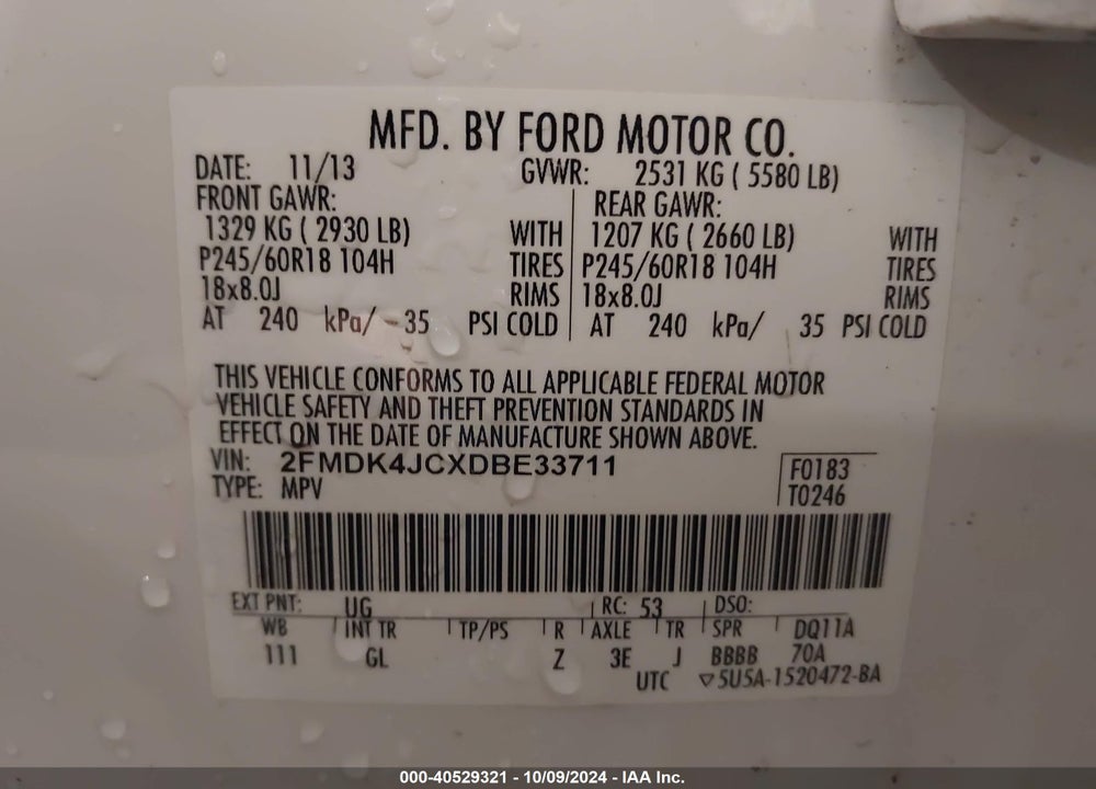 2013 FORD EDGE SEL VIN: 2FMDK4JCXDBE33711