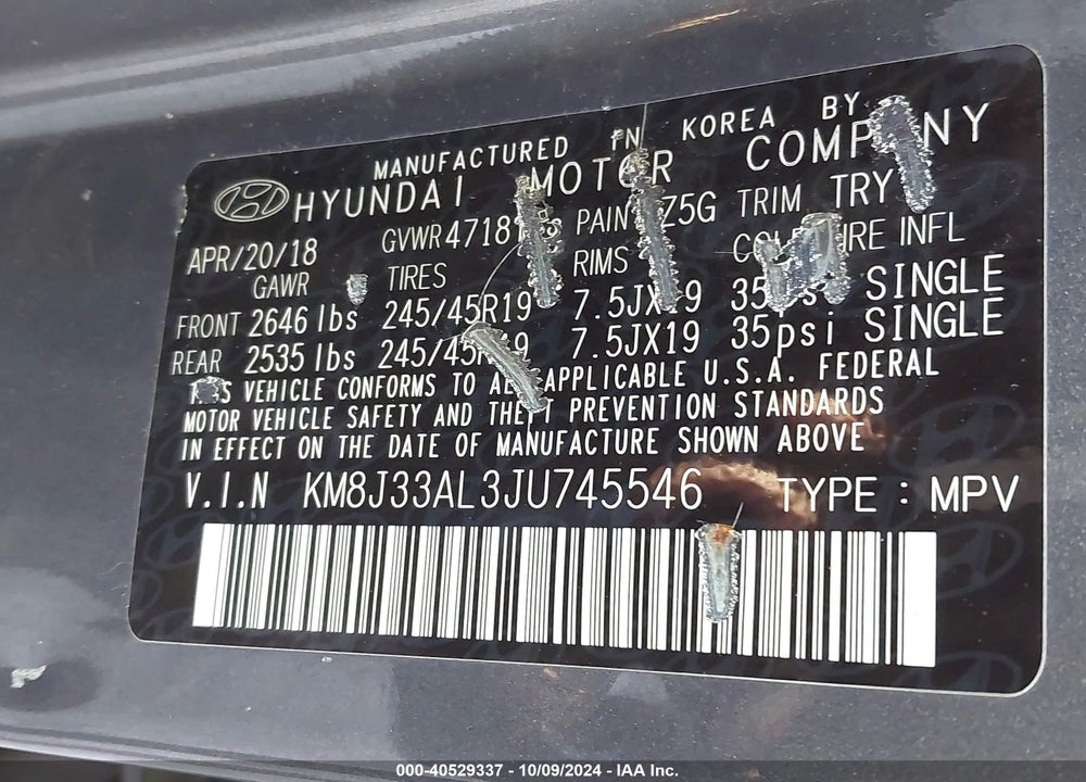 2018 HYUNDAI TUCSON SPORT VIN: KM8J33AL3JU745546