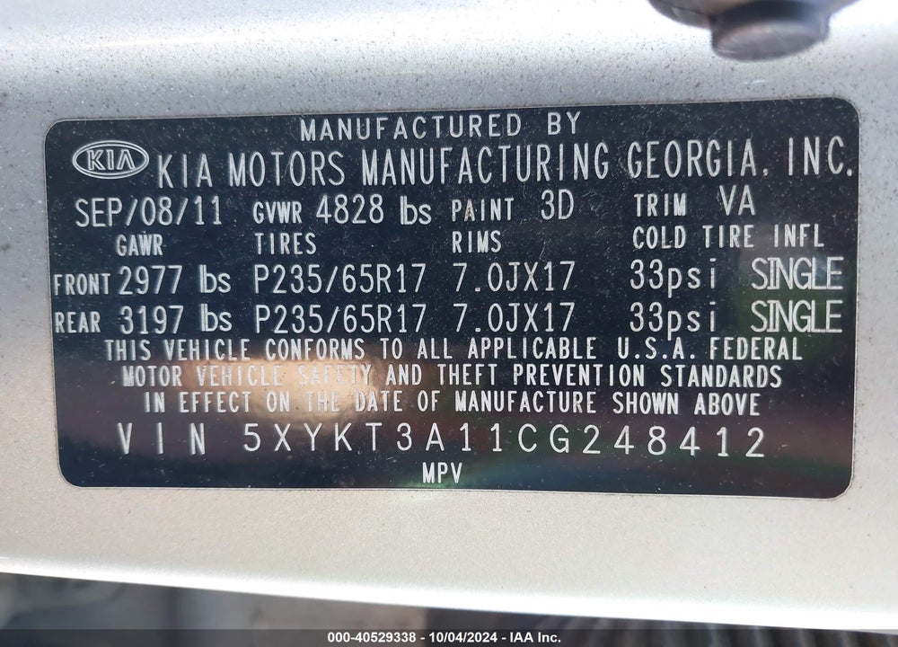 2012 KIA SORENTO LX VIN: 5XYKT3A11CG248412