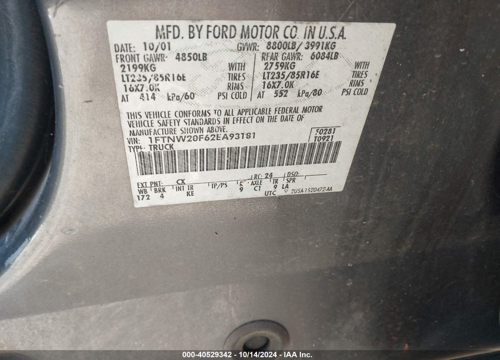2002 FORD F-250 LARIAT/XL/XLT VIN: 1FTNW20F62EA93181