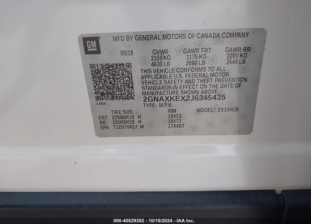 2018 CHEVROLET EQUINOX LT VIN: 2GNAXKEX2J6345435