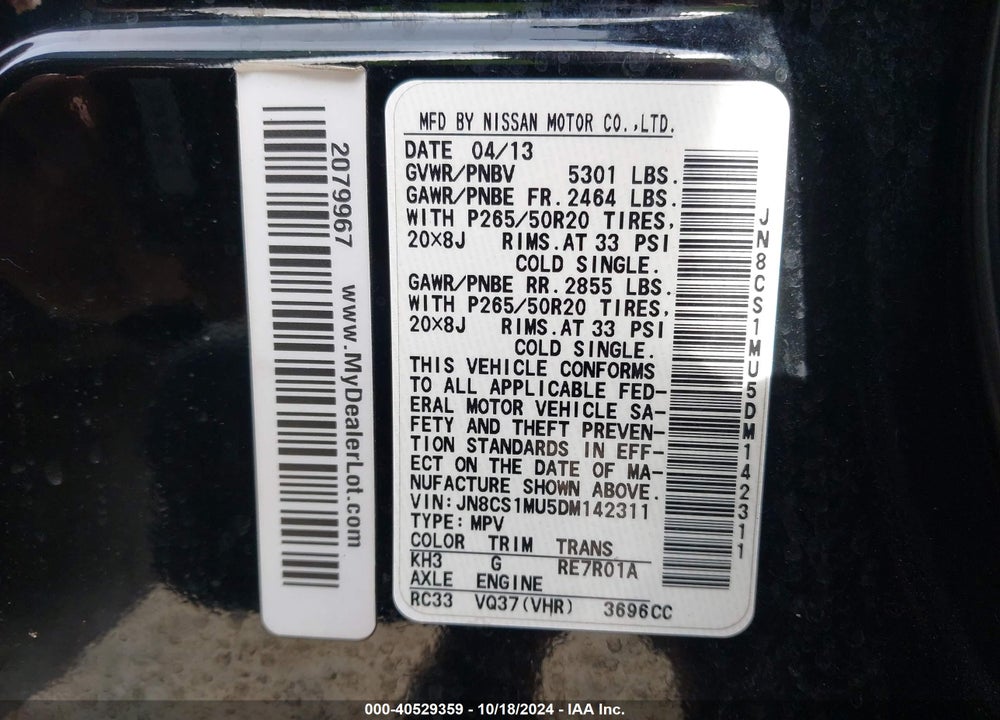 2013 INFINITI FX37 VIN: JN8CS1MU5DM142311