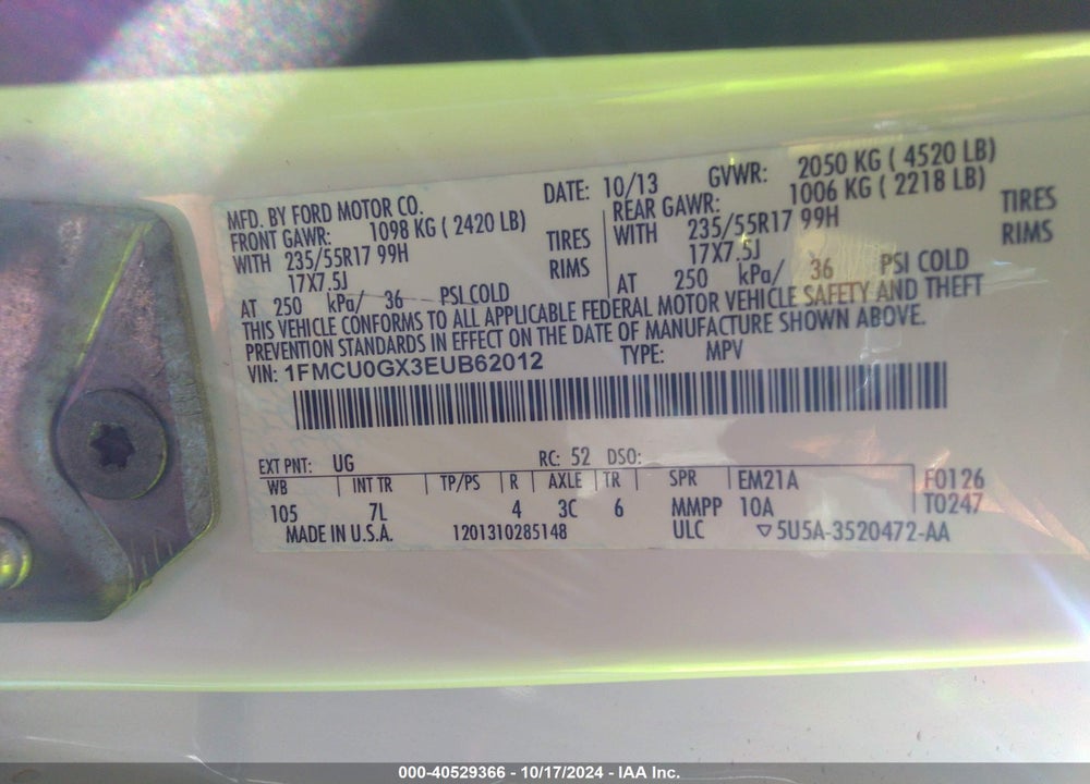 2014 FORD ESCAPE SE VIN: 1FMCU0GX3EUB62012