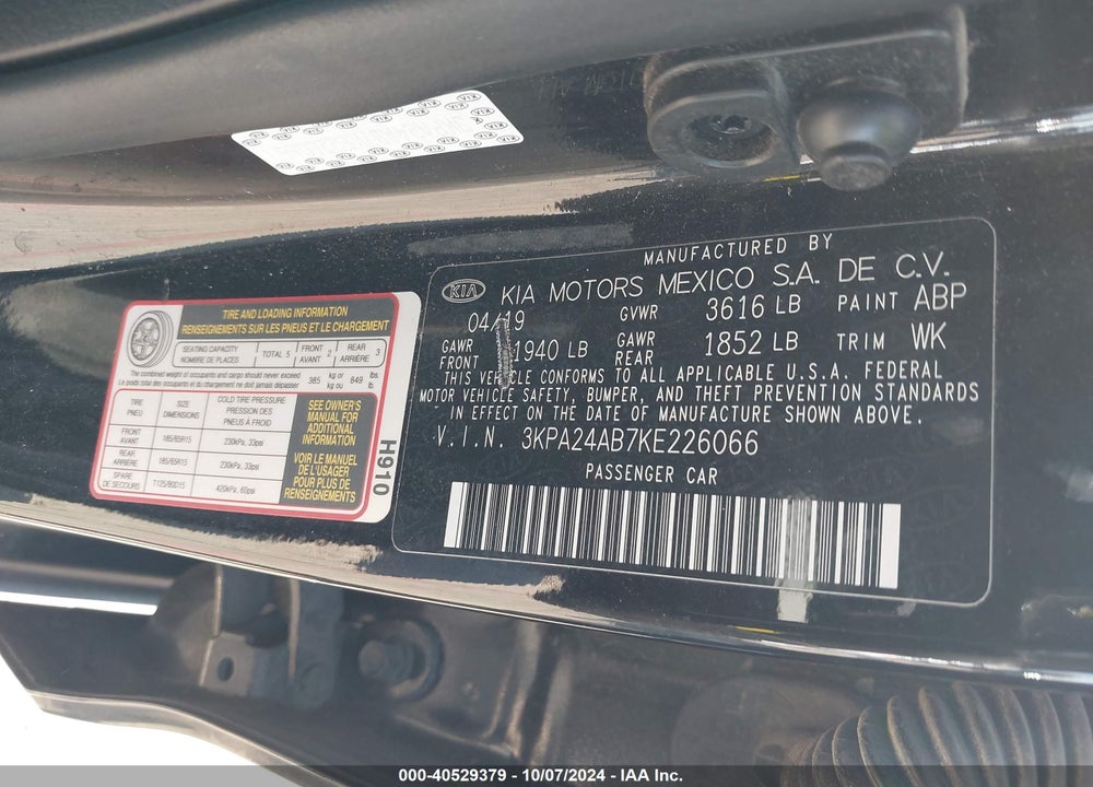 2019 KIA RIO S VIN: 3KPA24AB7KE226066