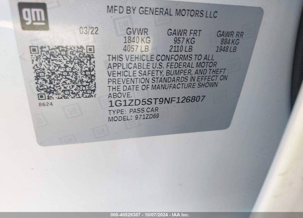 2022 CHEVROLET MALIBU FWD LT VIN: 1G1ZD5ST9NF126807