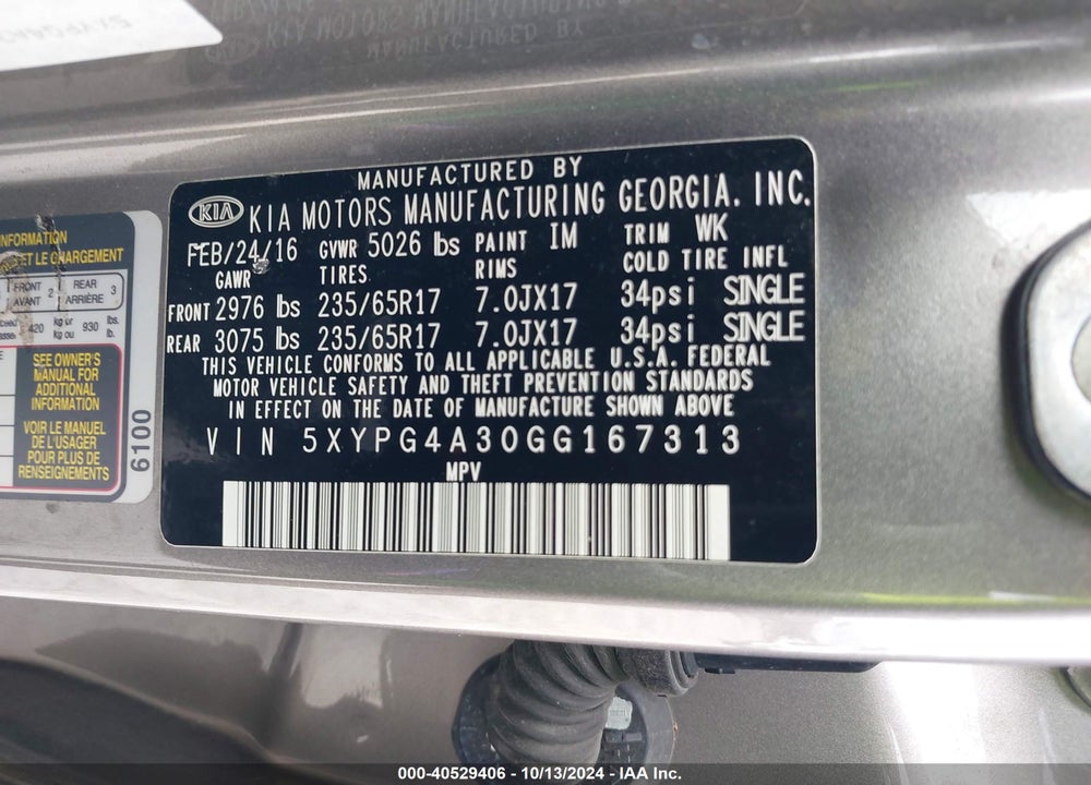 2016 KIA SORENTO 2.4L L VIN: 5XYPG4A30GG167313