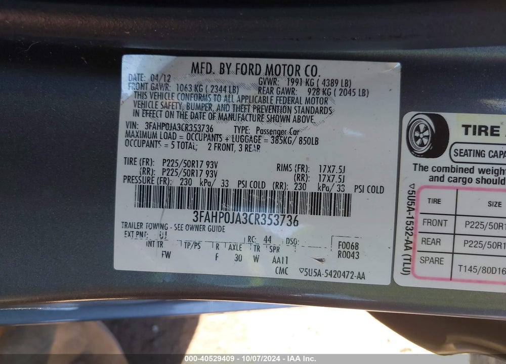 2012 FORD FUSION SEL VIN: 3FAHP0JA3CR353736