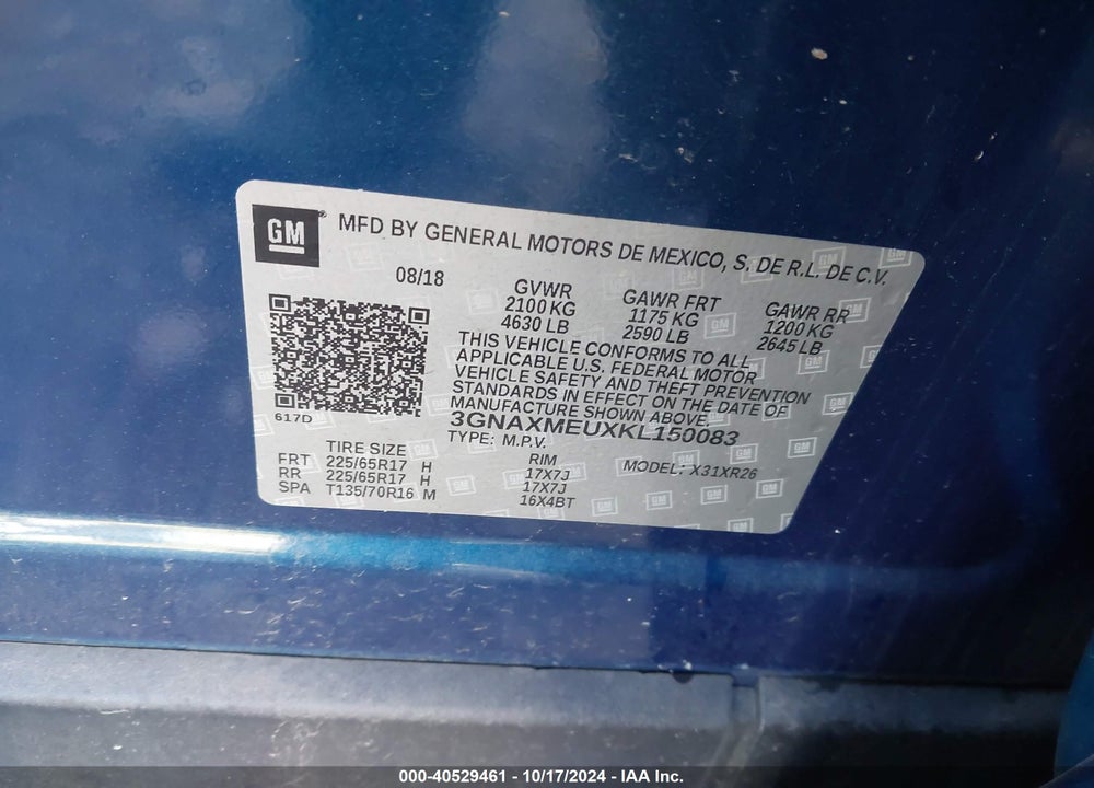 2019 CHEVROLET EQUINOX LT VIN: 3GNAXMEUXKL150083