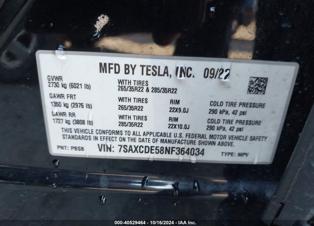 2022 TESLA MODEL X VIN: 7SAXCDE58NF364034
