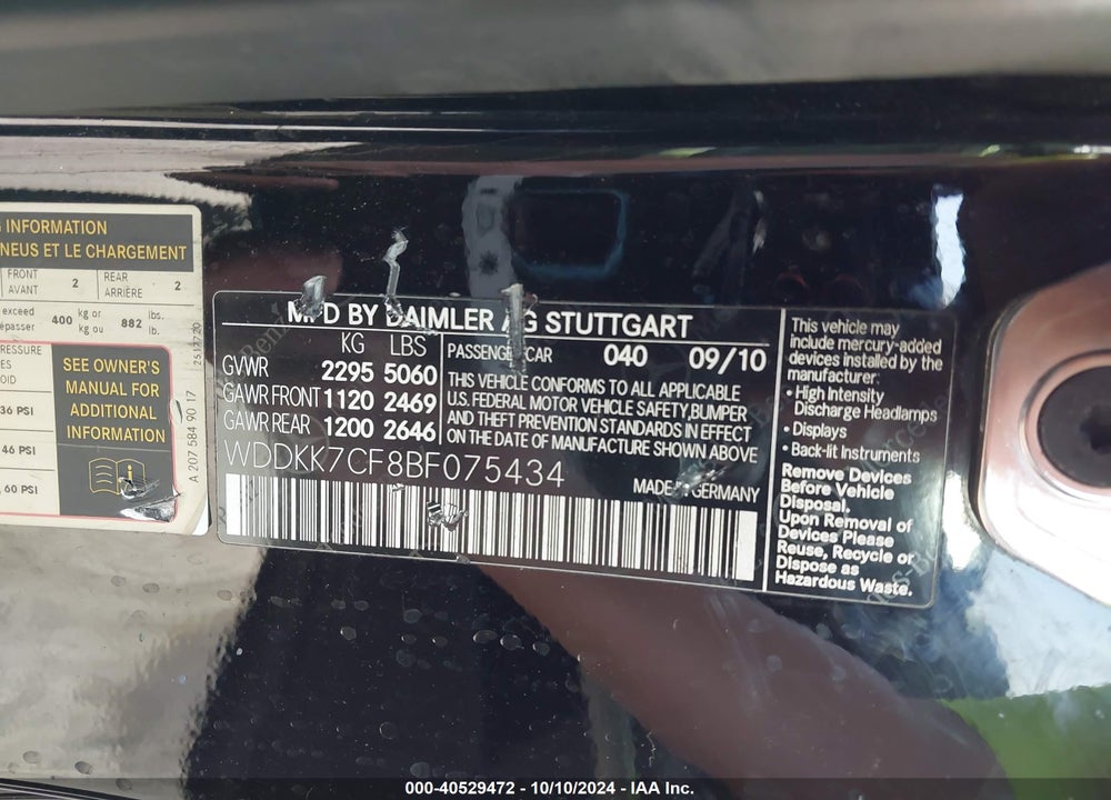2011 MERCEDES-BENZ E 550 VIN: WDDKK7CF8BF075434