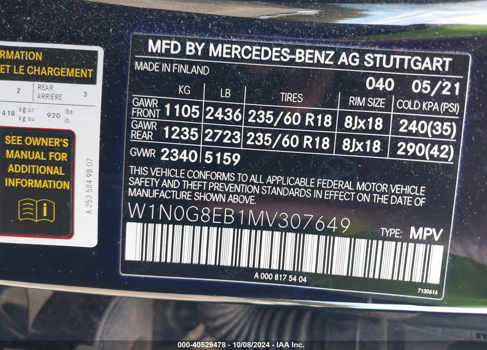 2021 MERCEDES-BENZ GLC 300 4MATIC SUV VIN: W1N0G8EB1MV307649