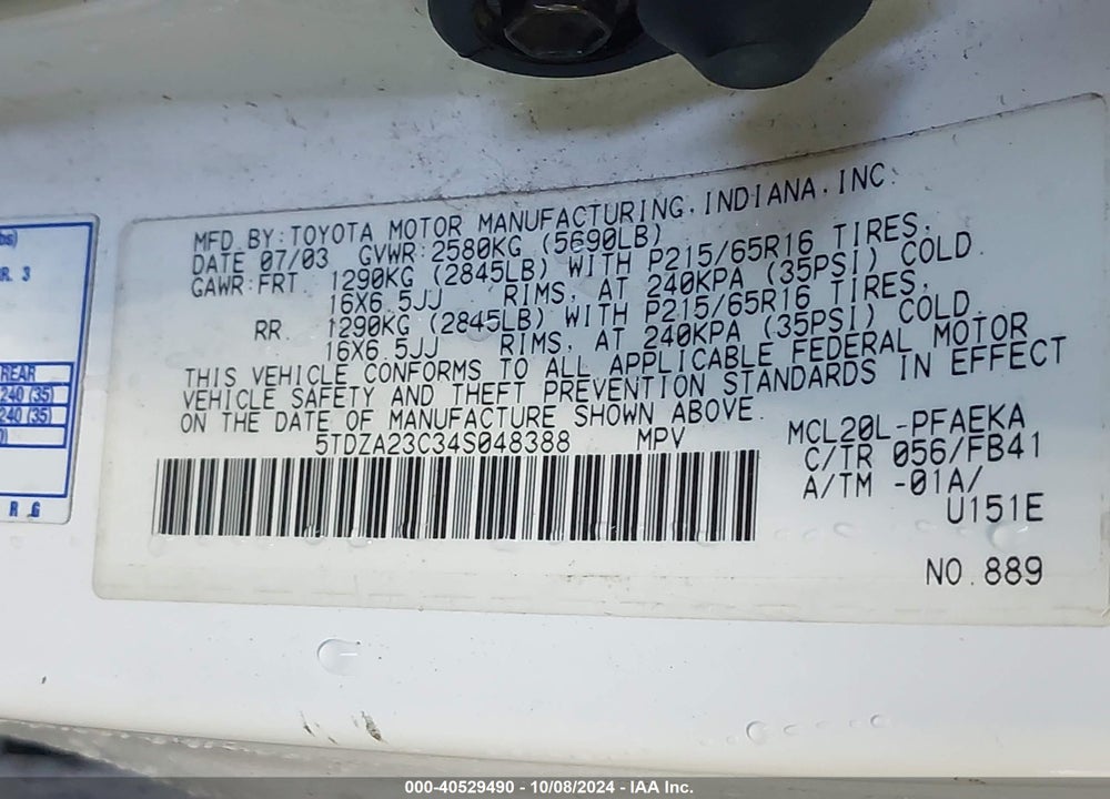 2004 TOYOTA SIENNA LE VIN: 5TDZA23C34S048388