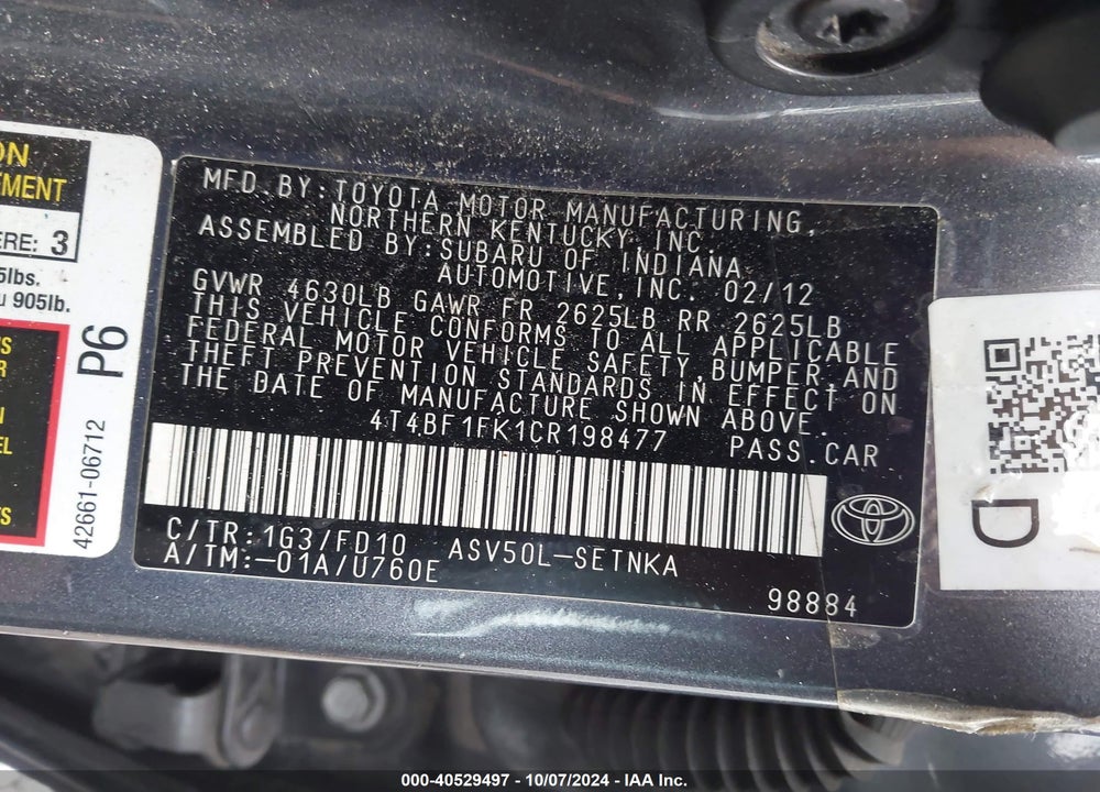 2012 TOYOTA CAMRY LE VIN: 4T4BF1FK1CR198477