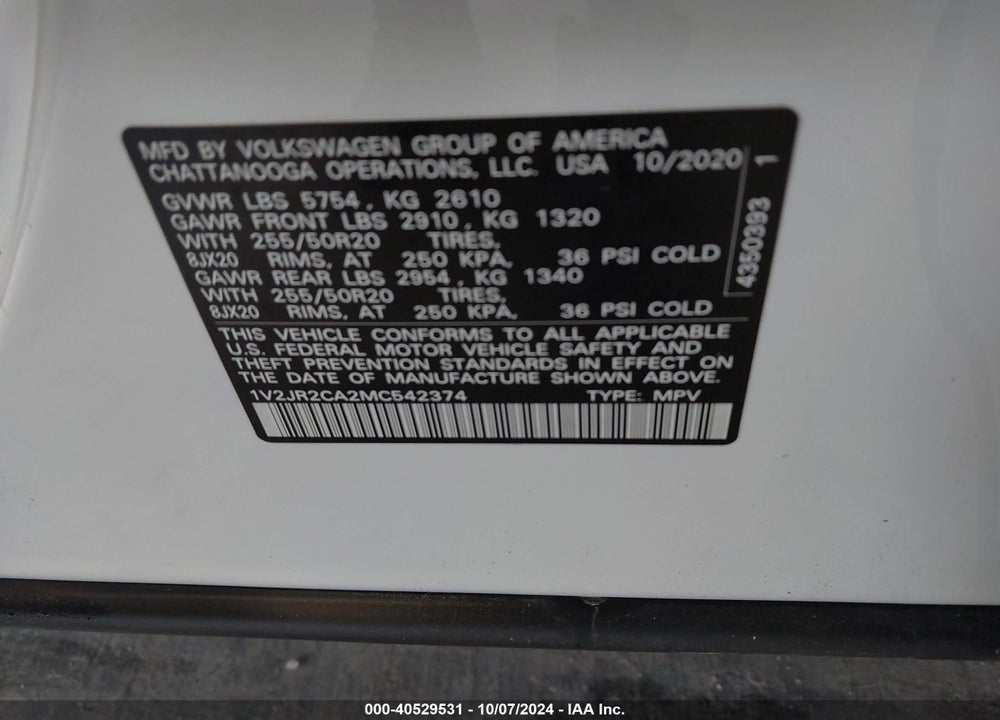 2021 VOLKSWAGEN ATLAS 3.6L V6 SE W/TECHNOLOGY VIN: 1V2JR2CA2MC542374
