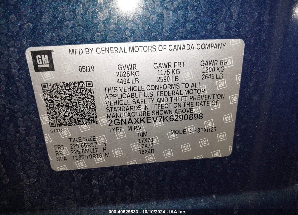 2019 CHEVROLET EQUINOX LT VIN: 2GNAXKEV7K6290898