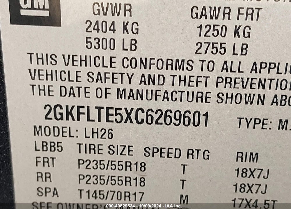 2012 GMC TERRAIN SLE-2 VIN: 2GKFLTE5XC6269601