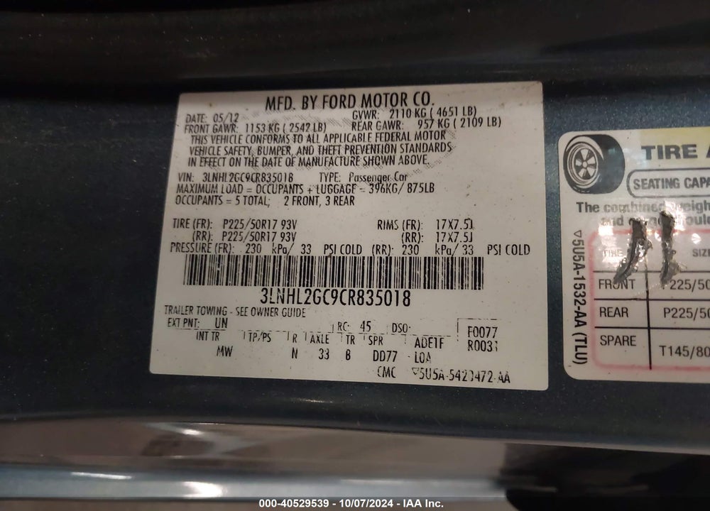 2012 LINCOLN MKZ VIN: 3LNHL2GC9CR835018