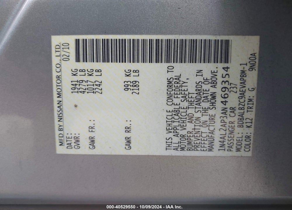2010 NISSAN ALTIMA 2.5 S VIN: 1N4AL2AP3AN469354