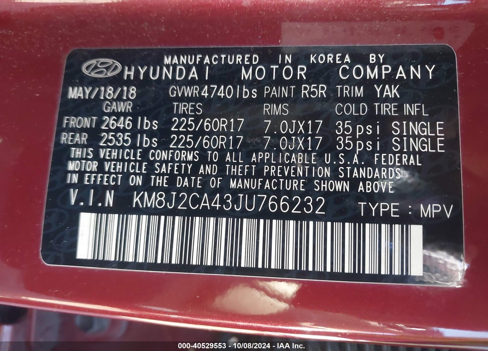 2018 HYUNDAI TUCSON SE VIN: KM8J2CA43JU766232