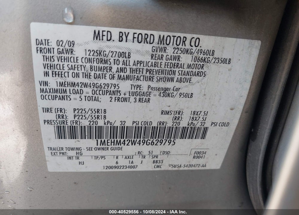 2009 MERCURY SABLE PREMIER VIN: 1MEHM42W49G629795