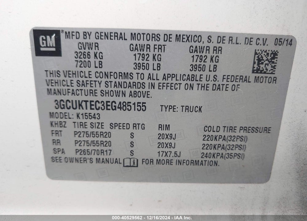 2014 CHEVROLET SILVERADO 1500 VIN: 3GCUKTEC3EG485155
