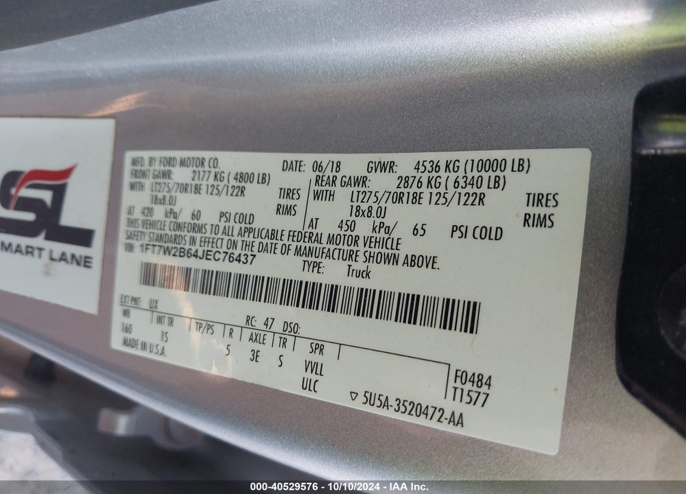 2018 FORD F-250 XL VIN: 1FT7W2B64JEC76437