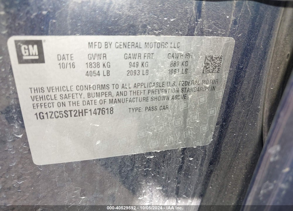 2017 CHEVROLET MALIBU 1FL VIN: 1G1ZC5ST2HF147618
