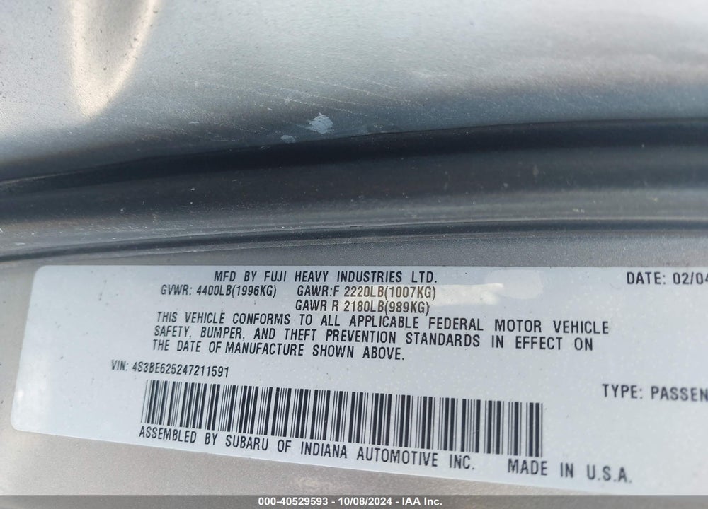 2004 SUBARU LEGACY L/L W/35TH ANNIVERSARY EDITION VIN: 4S3BE625247211591