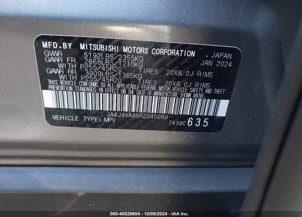 2024 MITSUBISHI OUTLANDER SE 2.5 /SE BLACK EDITION /SE BLACK EDITION W/PANO ROOF /SE RALLIART VIN: JA4J4VA85RZ045089
