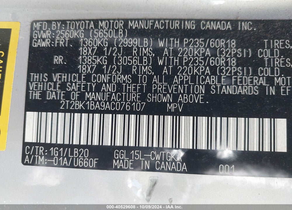 2010 LEXUS RX 350 VIN: 2T2BK1BA9AC076107