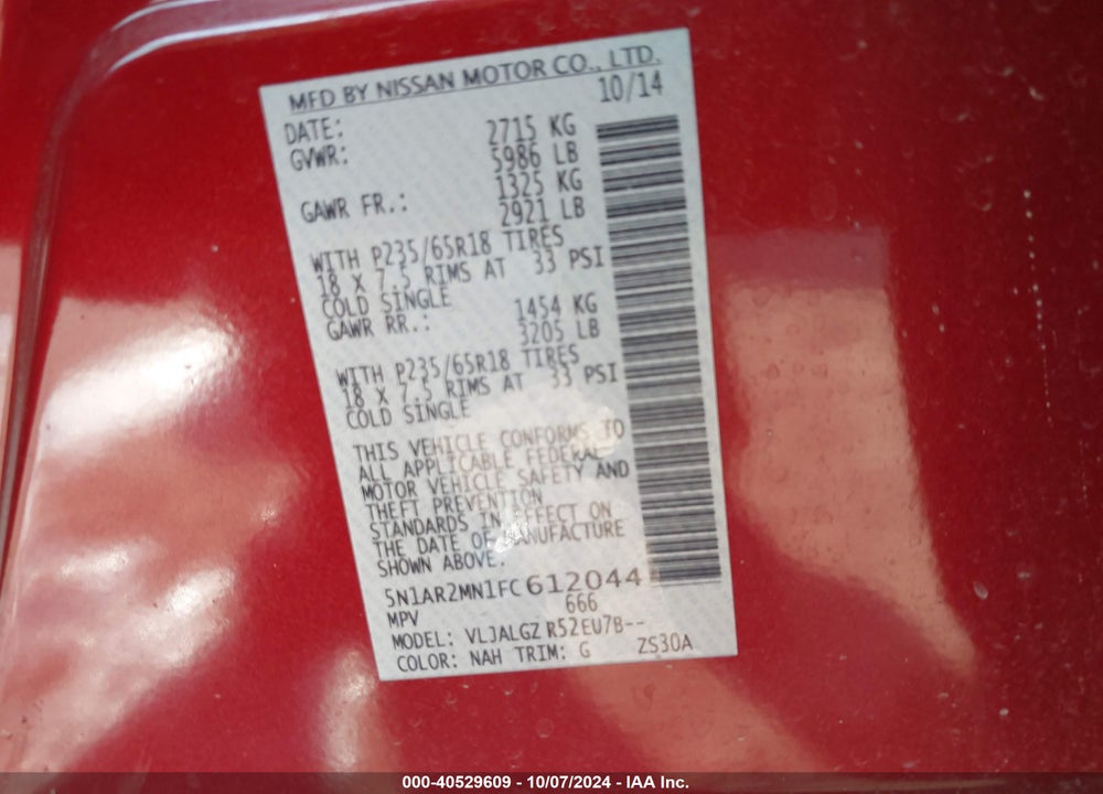 2015 NISSAN PATHFINDER SL VIN: 5N1AR2MN1FC612044