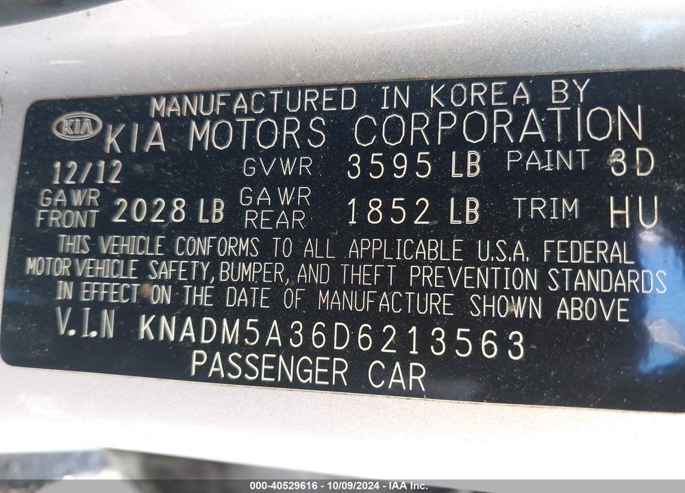 2013 KIA RIO LX VIN: KNADM5A36D6213563